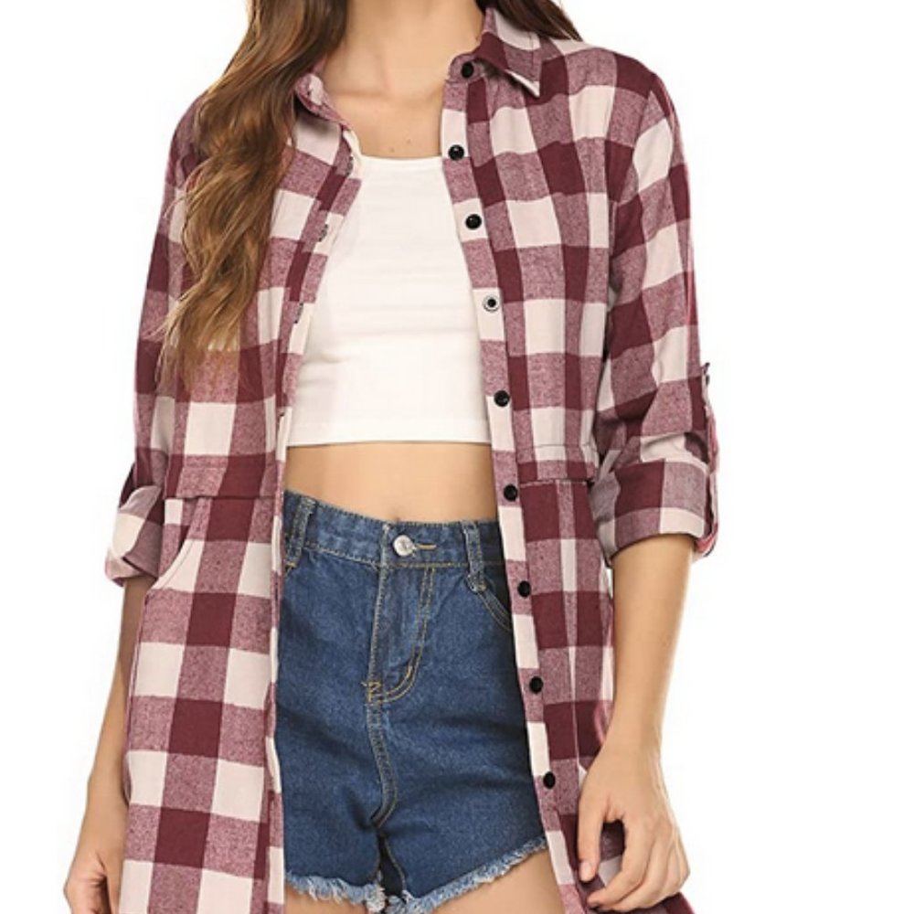 Womens Flannel Plaid Long Sleeve Shirt with Pockets Size S